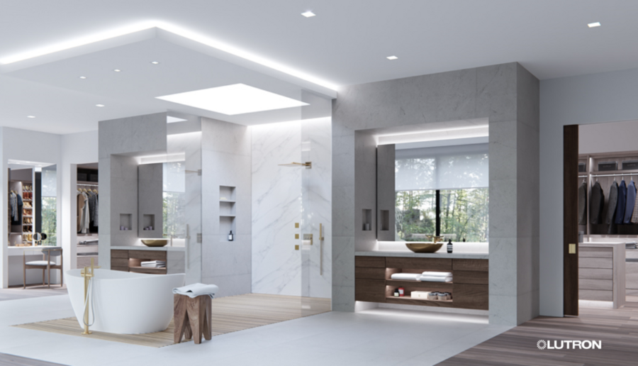 Luxury bathroom with Lutron lighting, featuring a freestanding tub, marble shower, modern vanities, and natural light from large windows.